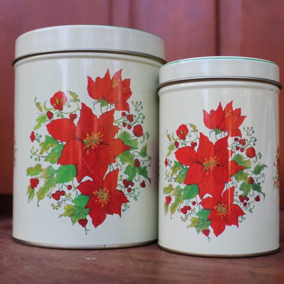 Hartin International Vintage holiday nesting tins pair of 2 - poinsettias - Picture 1 of 11